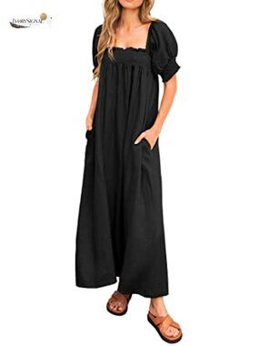 Women Maxi Dress Puff Sleeve Square Neck Pockets Maternity Beach